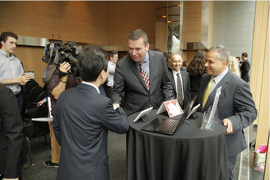 Product demo to Minister Paradis at the showcase announcing Canada's ongoing support for Grand Challenges Canada